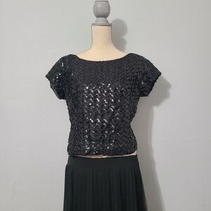 Elegant Vintage Black Sequin Women's Cap Sleeve Top Med/Large